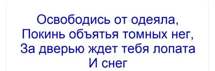 Освободись от одеяла, Покинь объятья темных ног, За дверью ждёт тебя лопата И снег