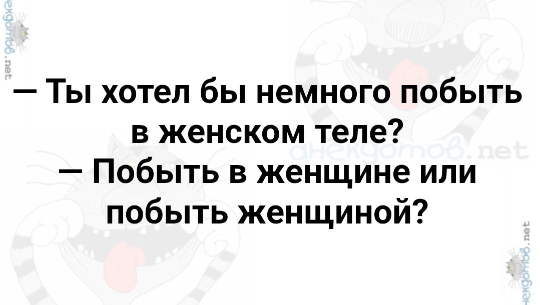 — Ты хотел бы немного побыть в женском теле?
— Побыть в женщине или побыть женщиной?