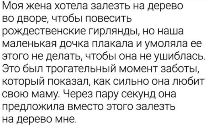 Моя жена хотела залезть на дерево во дворе, чтобы повесить рождественские гирлянды, но наша маленькая дочка плакала и умоляла ее этого не делать. Это был трогательный момент заботы, который показал, как сильно она любит свою маму. Через пару секунд она предложила вместо этого залезать на дерево мне.