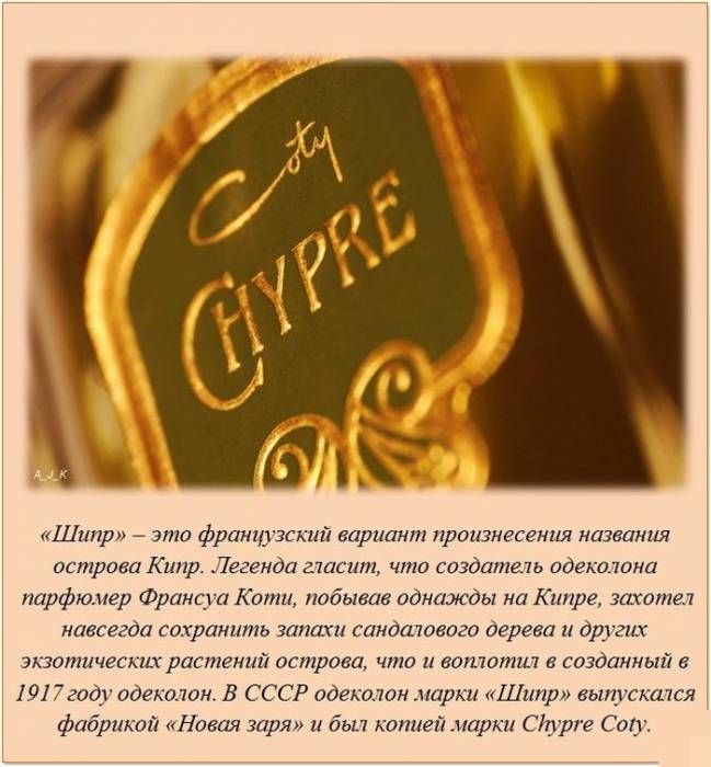 «Шипр» – это французский вариант произнесения названия острова Кипр. Легенда гласит, что создатель одеколона парфюмер Франсуа Коти, побывав на Кипре, захотел навсегда сохранить запахи sandalного дерева и других экзотических растений острова, что и воплотил в созданной в 1917 году одеколоне. В СССР одеколом марки «Шипр» выпускался фабрикой «Новая за