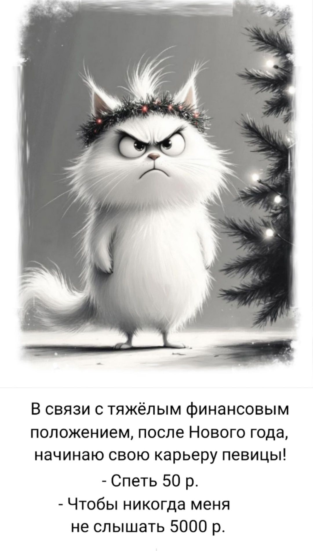 В связи с тяжёлым финансовым положением, после Нового года, начинаю свою карьеру певицы!\n- Спеть 50 р.\n- Чтобы никогда меня не слышать 5000 р.