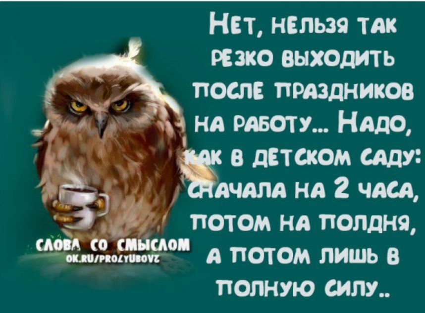 Нет, нельзя так резко выходить после праздников на работу... Надо, как в детском саду! Сначала на 2 часа, потом на полдня, а потом лишь в полную силу..