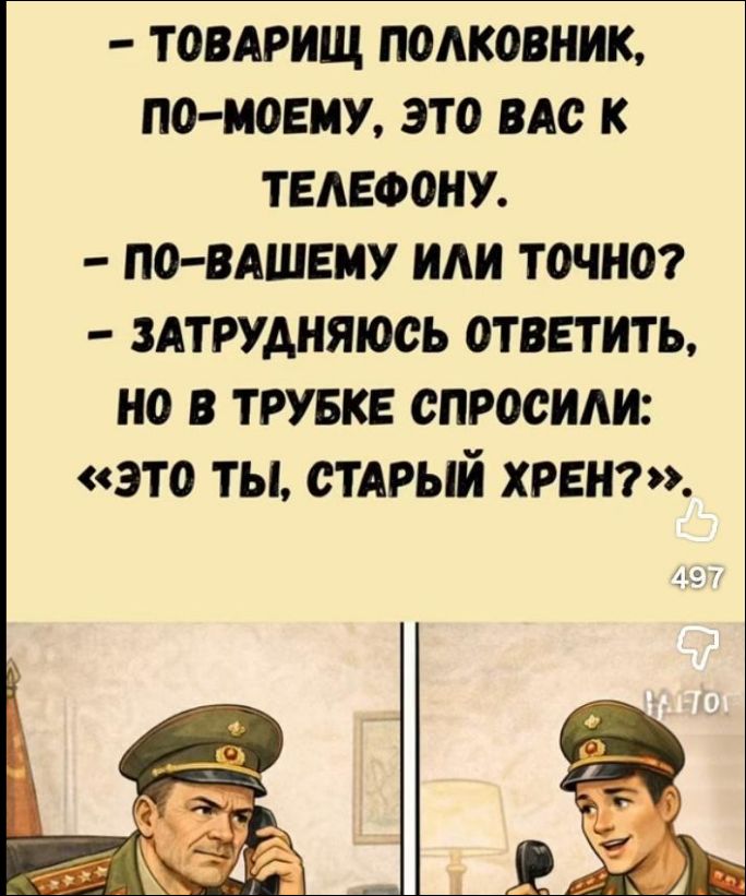 - ТОВАРИЩ ПОЛКОВНИК, ПО-МОЕМУ, ЭТО ВАС К ТЕЛЕФОНУ.
- ПО-ВАШЕМУ ИЛИ ТОЧНО?
- ЗАТРУДНЯЮСЬ ОТВЕТИТЬ, НО В ТРУБКЕ СПРОСИЛИ:
«ЭТО ТЫ, СТАРЫЙ ХРЕН?»