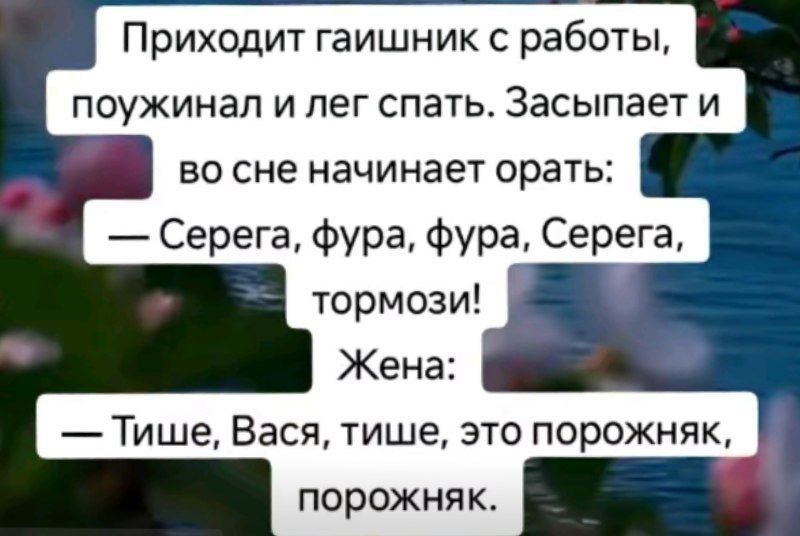 Приходит гаишник с работы, поужинал и лег спать. Засыпает и во сне начинает орать: — Серега, фура, фура, Серега, тормози! Жена: — Тише, Вася, тише, это порожняк, порожняк.