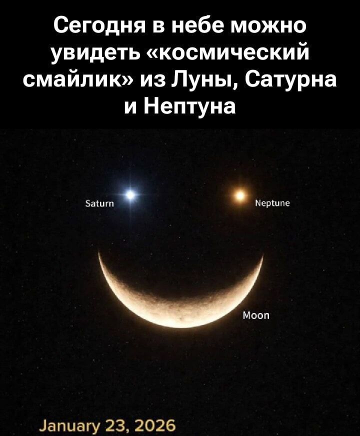 Сегодня в небе можно увидеть «космический смайлик» из Луны, Сатурна и Нептуна
Saturn
Neptune
Moon

January 23, 2026