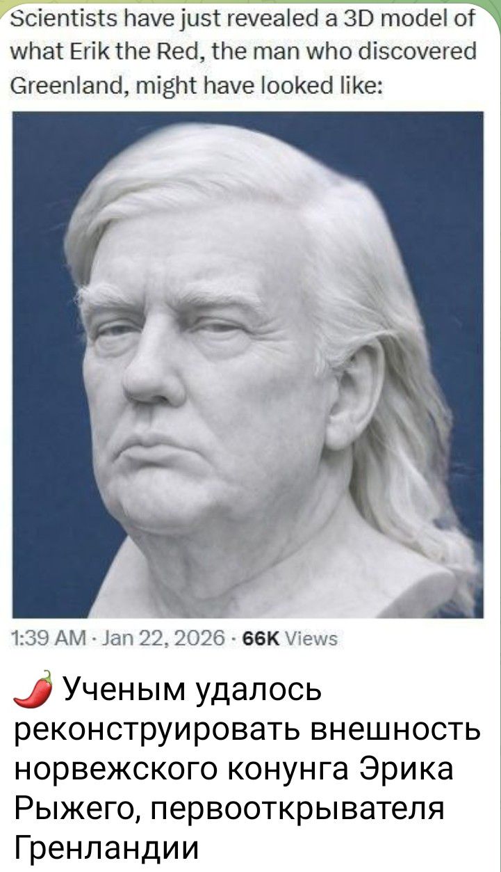Scientists have just revealed a 3D model of what Erik the Red, the man who discovered Greenland, might have looked like:\nУчeным удалось реконструировать внешность норвежского конунга Эрика Рыжего, первооткрывателя Гренландии