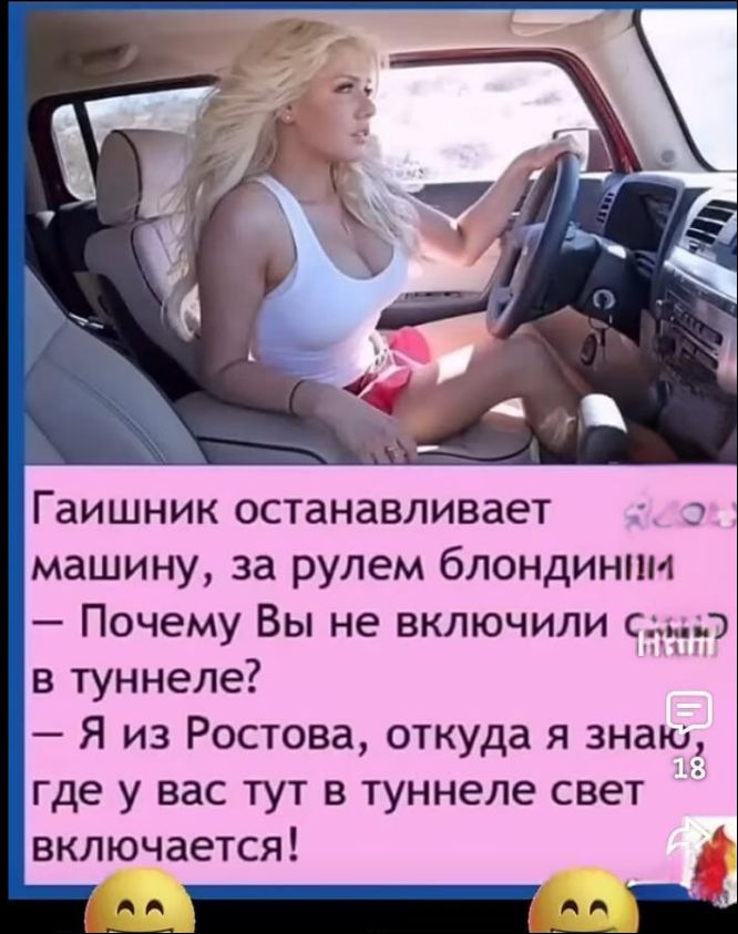 Гаишник останавливает машину, за рулем блондинка — Почему Вы не включили свет в туннеле?
— Я из Ростова, откуда я знаю, где у вас тут в туннеле свет включается!