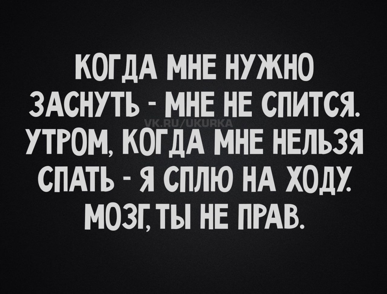 КОГДА МНЕ НУЖНО ЗАСНУТЬ - МНЕ НЕ СПИТСЯ. УТРОМ, КОГДА МНЕ НЕЛЬЗЯ СПАТЬ - Я СПЛЮ НА ХОДУ. МОЗГ, ТЫ НЕ ПРАВ.