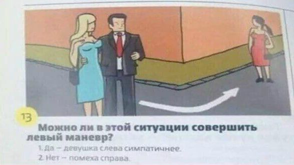 Можно ли в этой ситуации совершить левый маневр? 1 Да — левая слева симпатичнее. 2 Нет — помеха справа.
