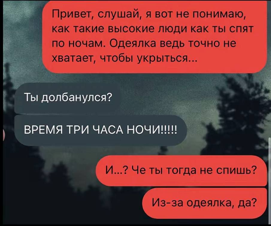Привет, слушай, я вот не понимаю, как такие высокие люди как ты спят по ночам. Одеялка ведь точно не хватает, чтобы укрыться...\nТы долбанулся?\nВРЕМЯ ТРИ ЧАСА НОЧИ!!!!\nИ…? Че ты тогда не спишь?\nИз-за одеялка, да?