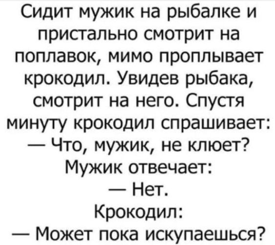 Сидит мужик на рыбалке и пристально смотрит на поплавок, мимо проплывает крокодил. Увидев рыбака, смотрит на него. Спустя минуту крокодил спрашивает: — Что, мужик, не клюет? Мужик отвечает: — Нет. Крокодил: — Может пока искупаешься?