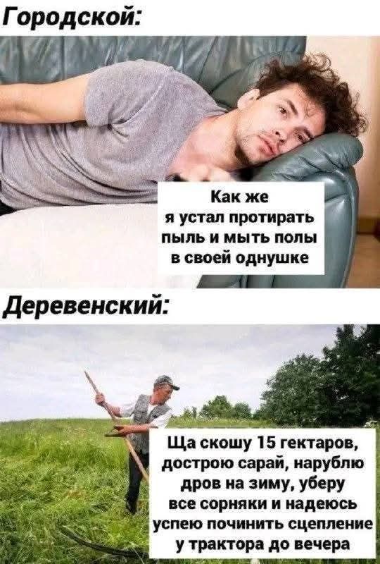 Городской:
Как же я устал протирать пыль и мыть полы в своей однушке
Деревенский:
Ща скошу 15 гектаров, досстрою сарай, нарублю дров на зиму, уберу все сорняки и надеюсь успею починить сцепление у трактора до вечера