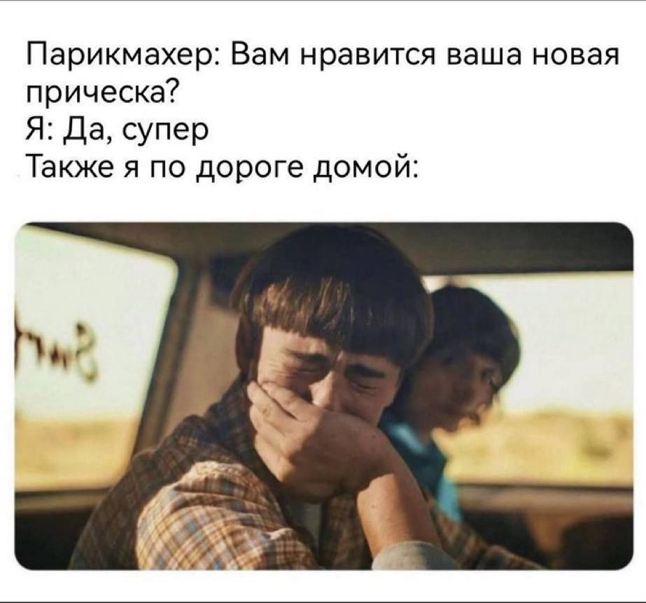 Парикмахер: Вам нравится ваша новая прическа? Я: Да, супер Также я по дороге домой: