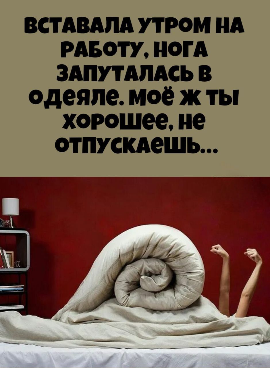 ВСТАВАЛА УТРОМ НА РАБОТУ, НОГА ЗАПУТАЛАСЬ В ОДЕЯЛЕ. МОЁ Ж ТЫ ХОРОШЕЕ, НЕ ОТПУСКАЕШЬ...