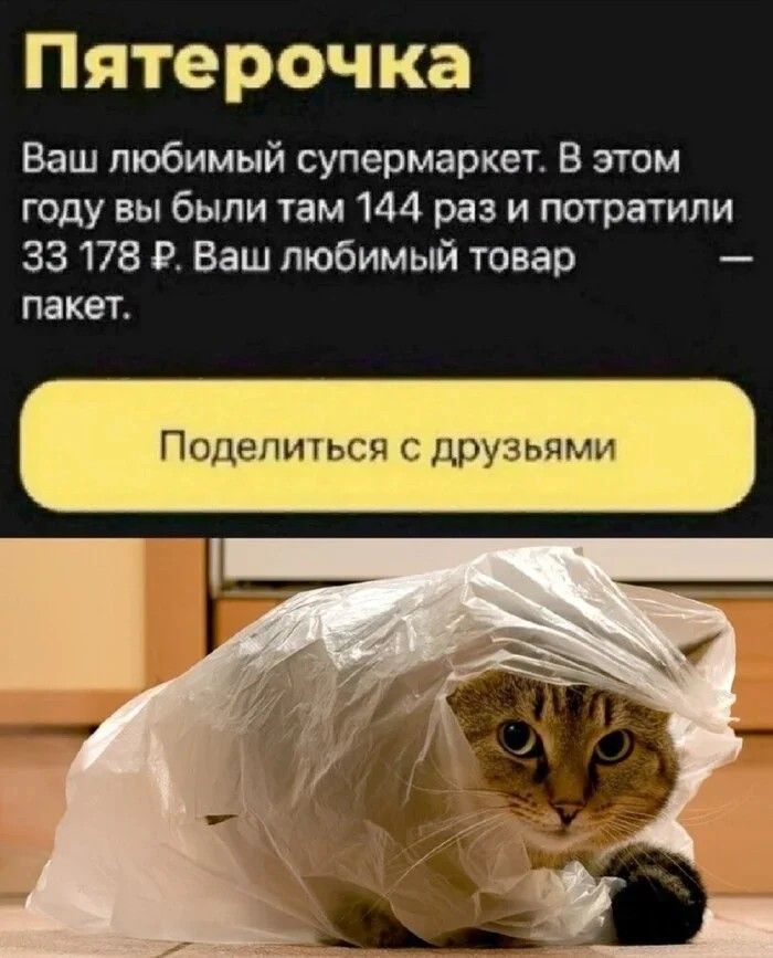 Пятерочка Ваш любимый супермаркет. В этом году вы были там 144 раз и потратили 33 178 ₽. Ваш любимый товар — пакет. Поделиться с друзьями