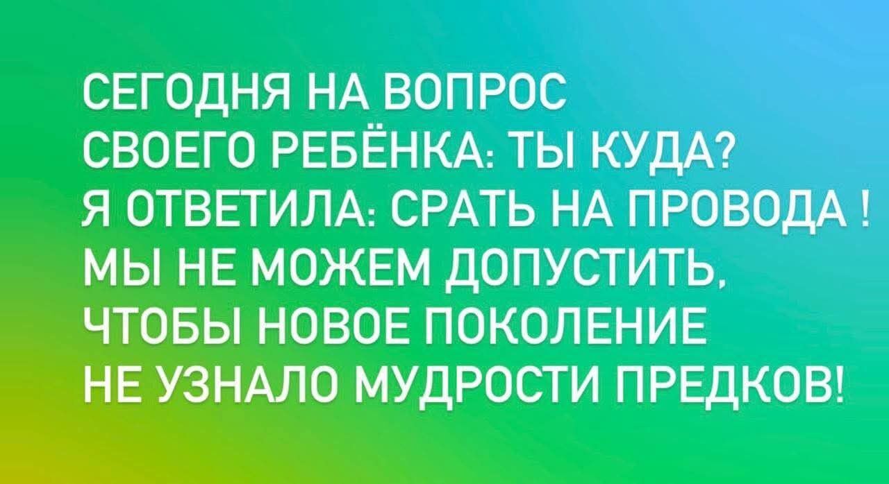 СЕГОДНЯ НА ВОПРОС СВОЕГО РЕБЁНКА: ТЫ КУДА? Я ОТВЕТИЛА: СРАТЬ НА ПРОВОДА! МЫ НЕ МОЖЕМ ДОПУСТИТЬ, ЧТОБЫ НОВОЕ ПОКОЛЕНИЕ НЕ УЗНАЛО МУДРОСТИ ПРЕДКОВ!