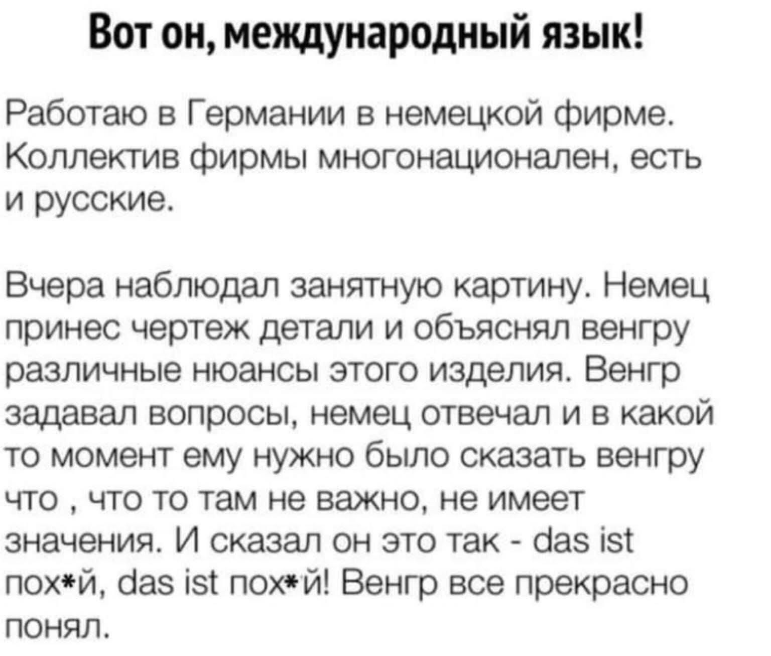 Вот он, международный язык!

Работаю в Германии в немецкой фирме. Коллектив фирмы мультнационален, есть и русские.

Вчера наблюдал занятную картину. Немец принёс чертёж детали и объяснял венгру различные нюансы этого изделия. Венгр задавал вопросы, немец отвечал и в какой-то момент ему нужно было сказать венгру что, что-то там не важно, не имеет зн
