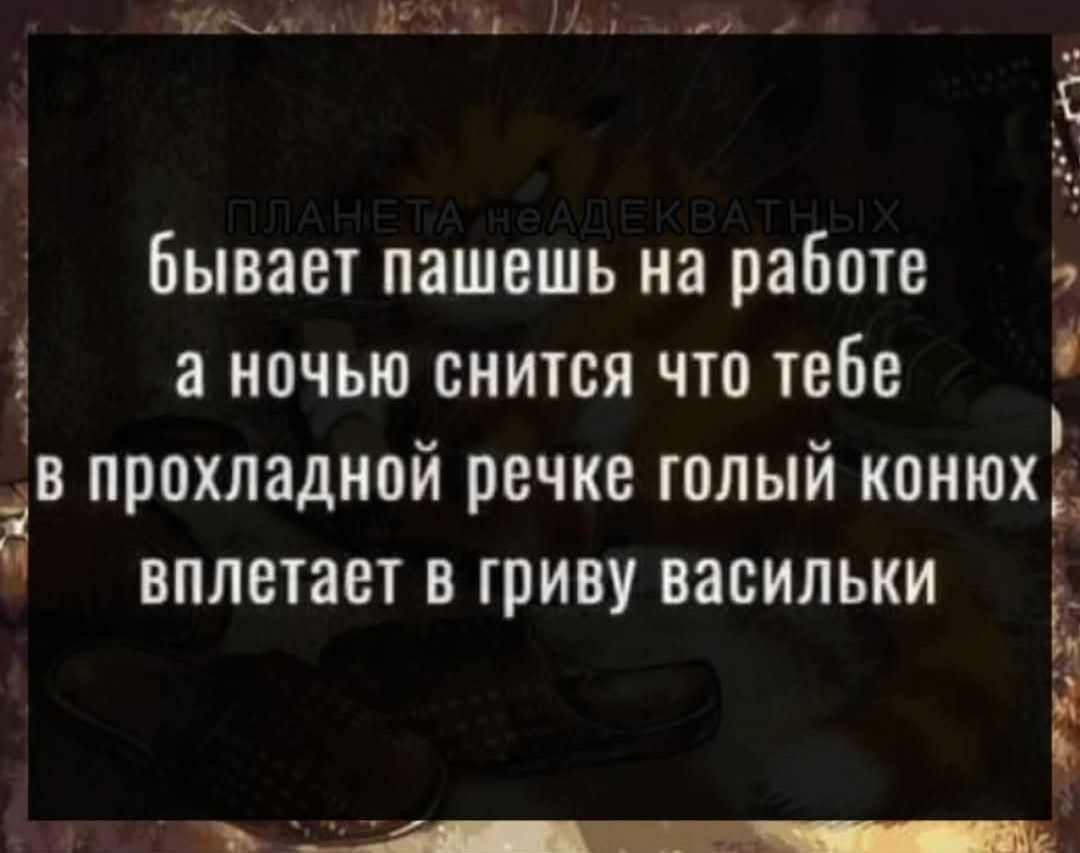 бывает пашешь на работе а ночью снится что тебе в прохладной речке голый конюх вплетает в гриву васильки