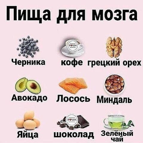 Пища для мозга
Черника
кофе грецкий орех
Авокадо
Лосось
Миндаль
Яйца
шоколад
Зелёный чай