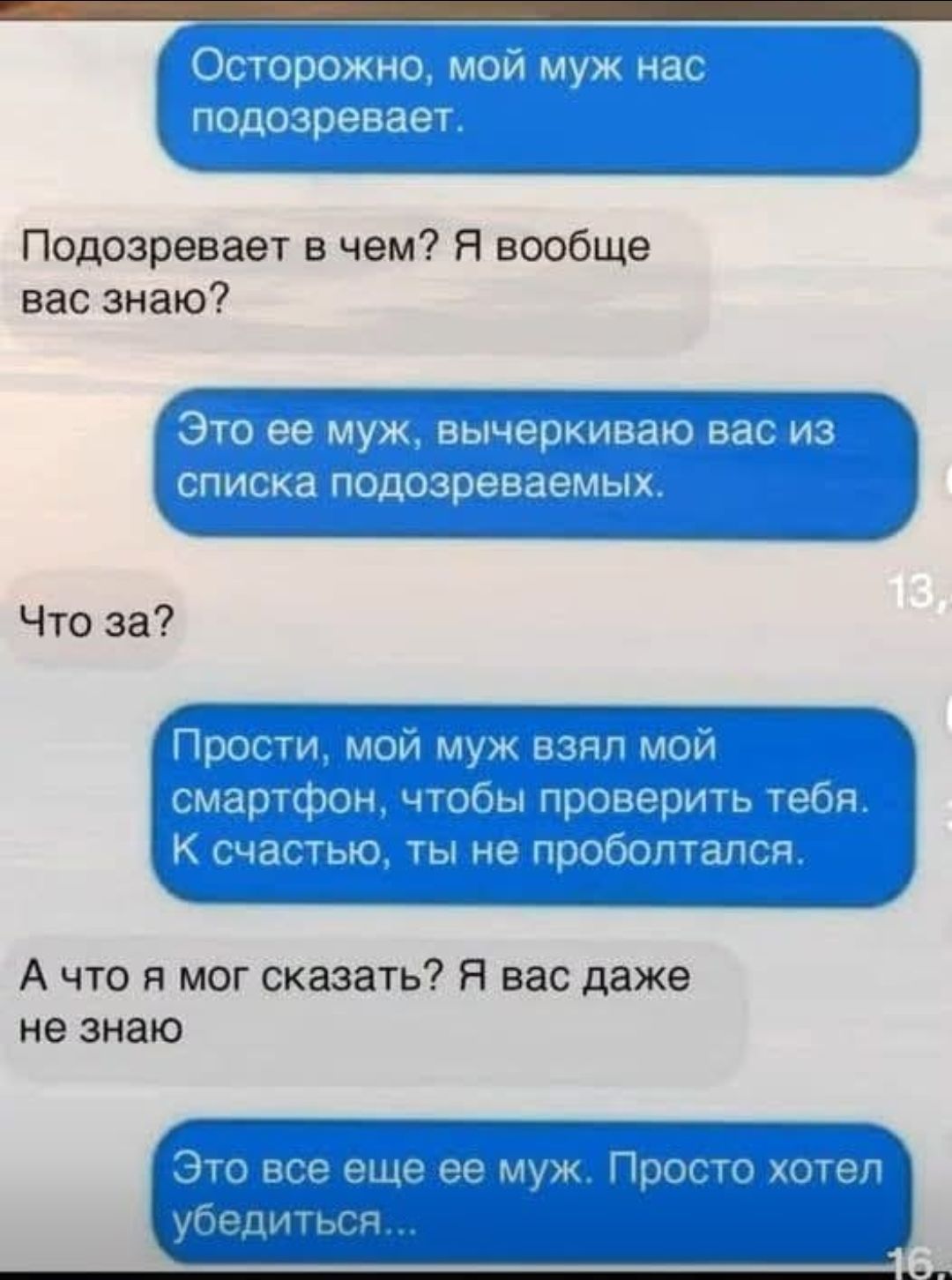 Осторожно, мой муж нас подозревает. Подозревает в чем? Я вообще вас знаю? Это ее муж, вычеркваю вас из списка подозреваемых. Что за? Прости, мой муж взял мой смартфон, чтобы проверить тебя. К счастью, ты не проболталась. А что я мог сказать? Я вас даже не знаю. Это все еще ее муж. Просто хотел убедиться...
