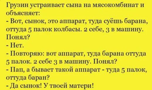 Грузин устраивает сына на мясокомбинат и объясняет: - Вот, сынок, это аппарат, туда съешь барана, оттуда 5 палок колбас. 2 себе, 3 в машину. Понял? - Нет. - Повторяю: вот аппарат, туда барана оттуда 5 палок. Понял? - Пап, а бывает такой аппарат - туда 5 палок, откуда баран? - Да сынок! У твоей матери!