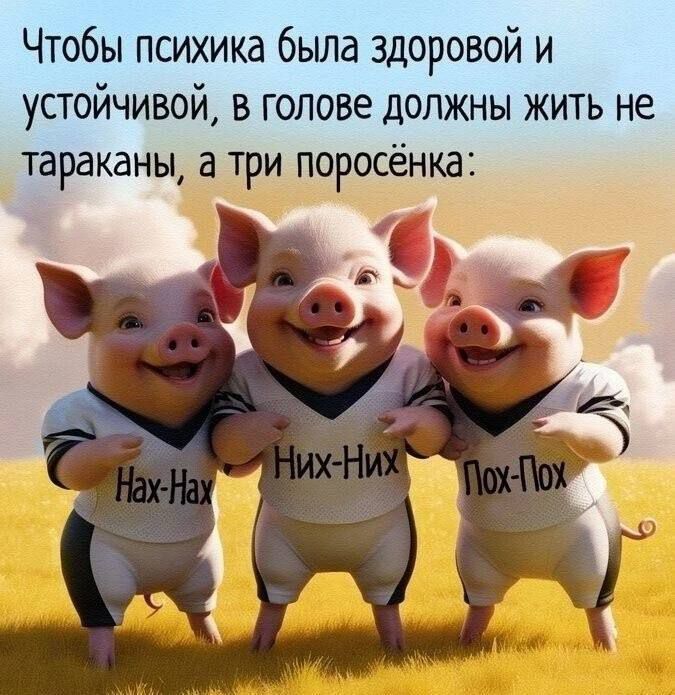 Чтобы психика была здоровой и устойчивой, в голове должны жить не тараканы, а три поросёнка:
Нах-Нах    Них-Них    Пох-Пох
