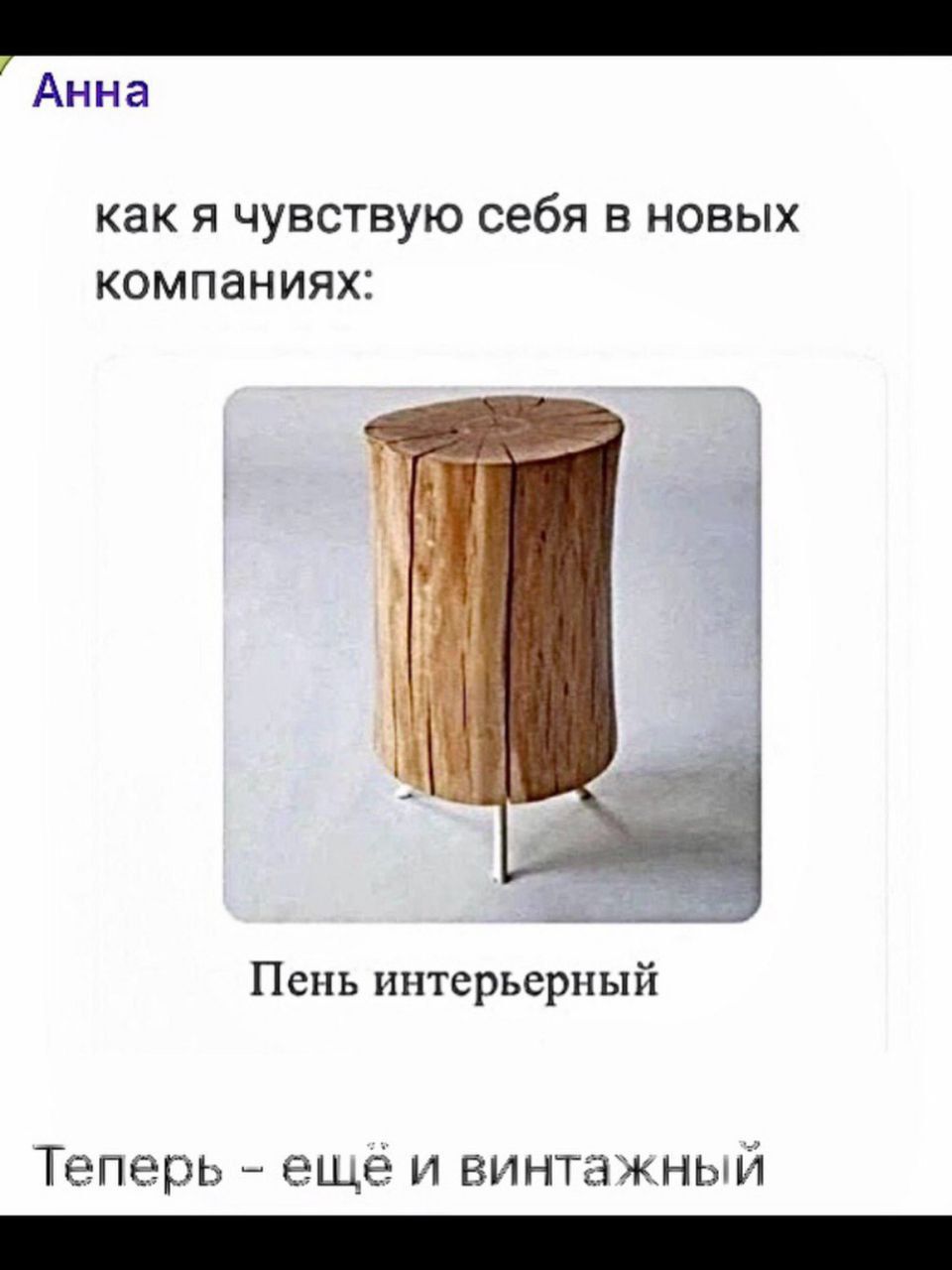 Анна
как я чувствую себя в новых компаниях:

Пень интерьерный

Теперь - ещё и винтажный