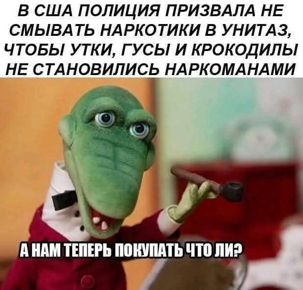 В США полиция призывала не смывать наркотики в унитаз, чтобы утки, гусы и крокодилы не становились наркоманами
А нам теперь покупать что ли?