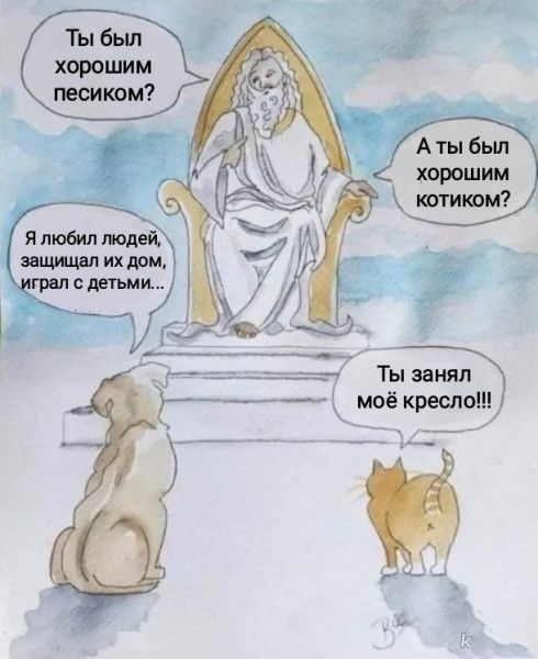 Ты был хорошим песиком?
А ты был хорошим котиком?
Я любил людей, защищал их дом, играл с детьми...
Ты занял моё кресло!!!