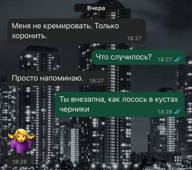 Меня не кремировать. Только похоронить.\nЧто случилось?\nПросто напоминаю.\nТы внезапна, как лосось в кустах черники\n🤷‍♀️