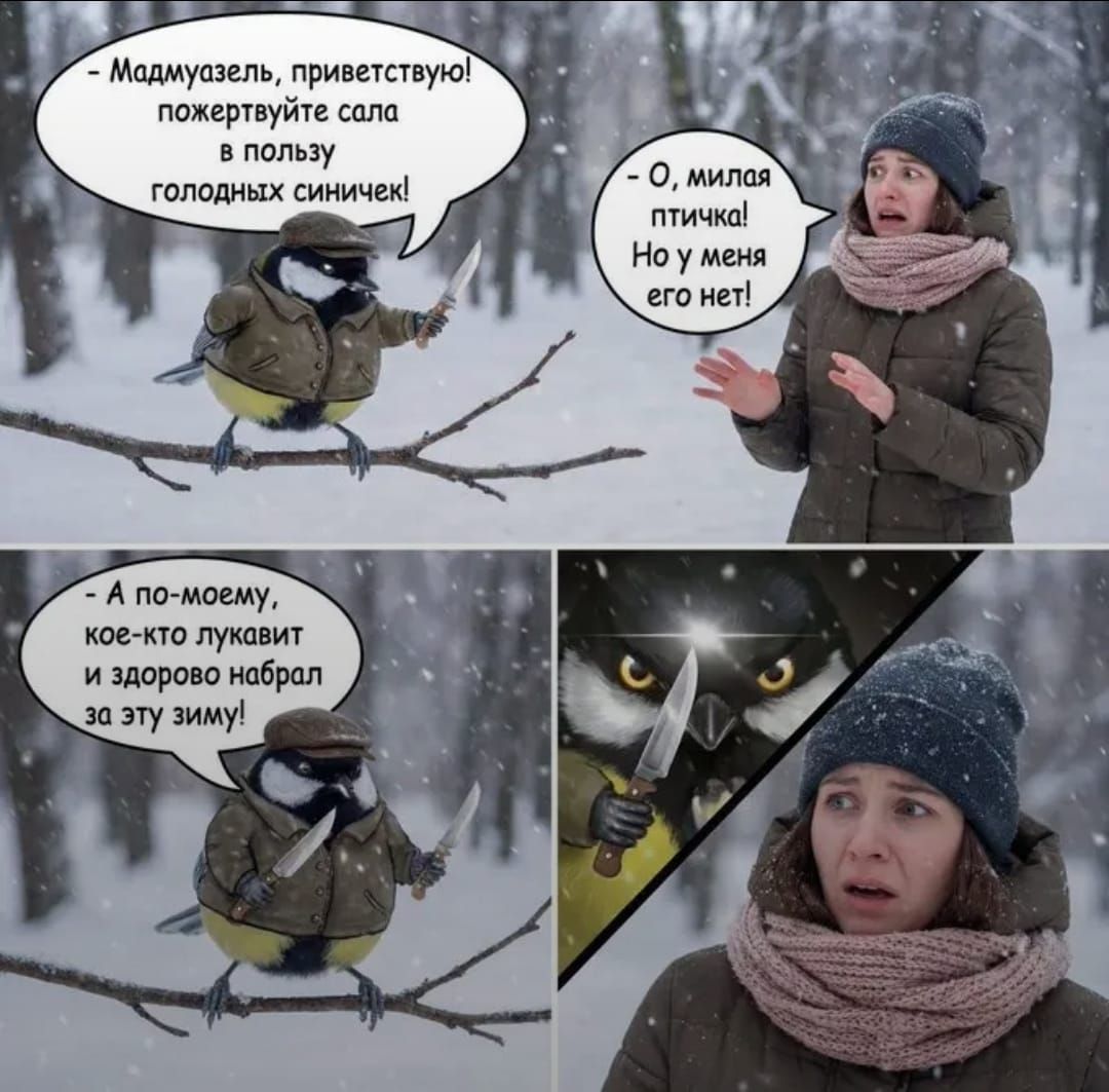 - Мадемуазель, приветствуй! пожертвуйте сала в пользу голодных синичек!
- О, милая птичка! Но у меня его нет!
- А по-моему, кое‑кто лукавит и здорово набрал за эту зиму!