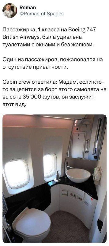 Пассажирка, 1 класса на Boeing 747 British Airways, была удивлена туалетами с окнами и без жалюзи.\nОдин из пассажиров, пожаловавался на отсутствие приватности.\nCabin crew ответила: Мадам, если кто-то зацепится за борт этого самолета на высоте 35 000 футов, он заслужит этот вид.
