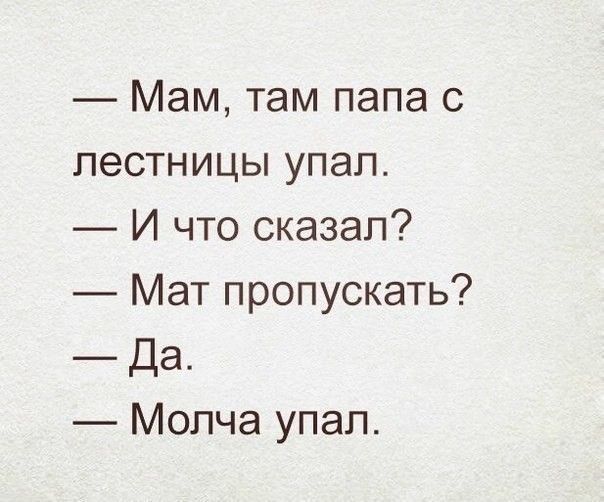 — Мам, там папа с лестницы упал. 
— И что сказал? 
— Мат пропускать? 
— Да. 
— Молча упал.