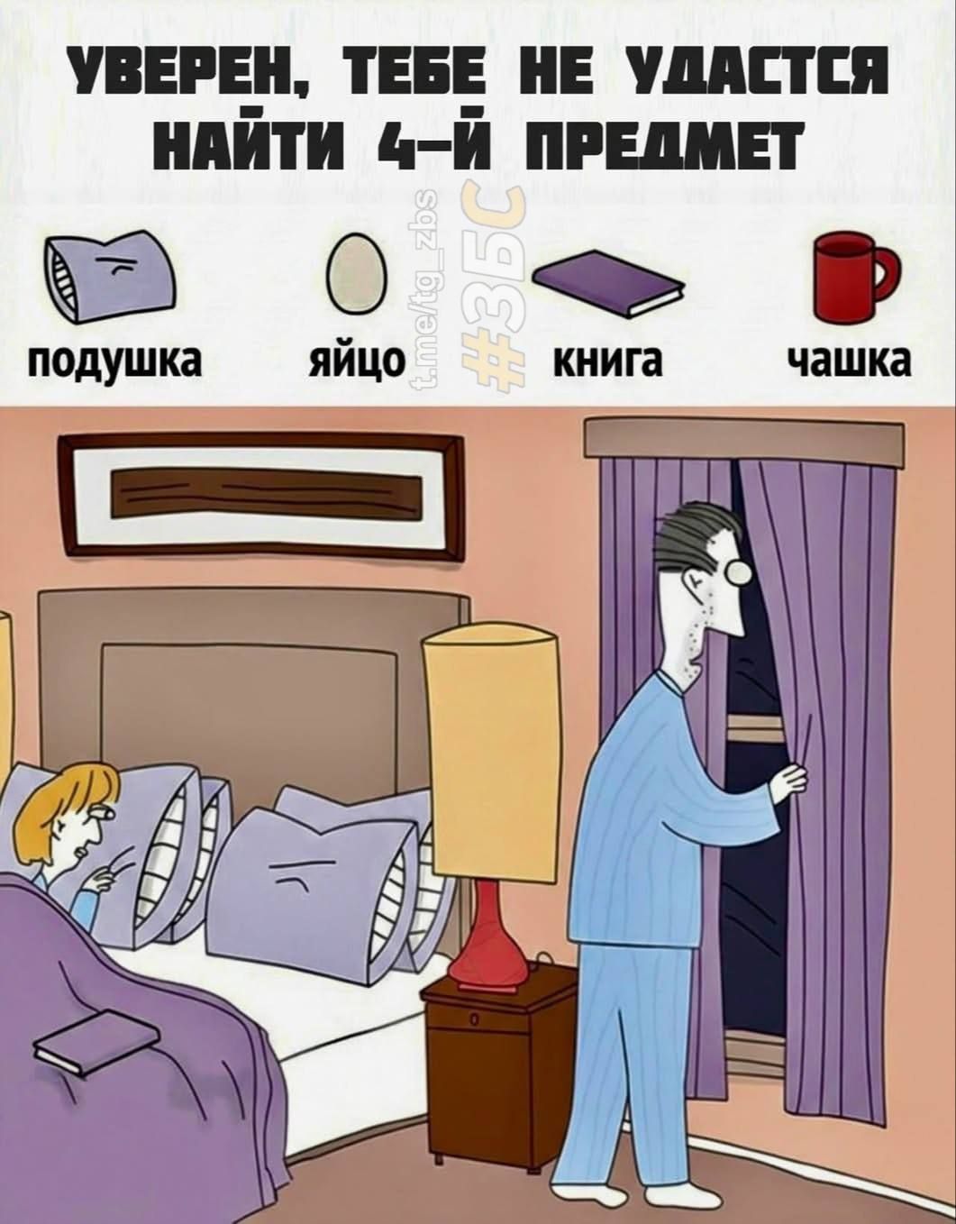Уверен, тебе не удастся найти 4-й предмет
Подушка
Яйцо
Книга
Чашка