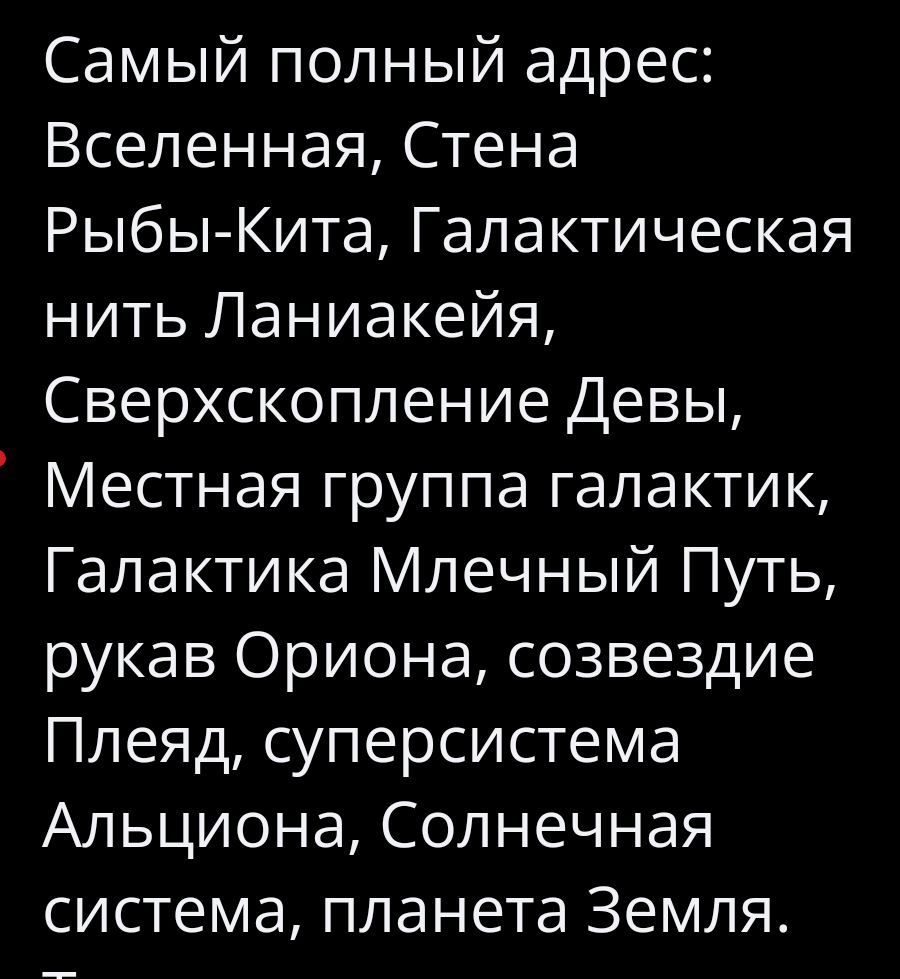Самый полный адрес: Вселенная, Стена Рыбы-Кита, Галактическая нить Ланиакая, Сверхскопление Девы, Местная группа галактик, Галактика Млечный Путь, рукав Ориона, созвездие Плеяд, суперсистема Альциона, Солнечная система, планета Земля.