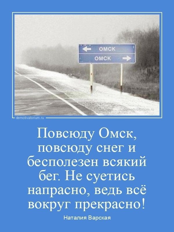 Повсюду Омск, повсюду снег и бесполезен всякий бег. Не суетись напрасно, ведь всё вокруг прекрасно!\nНаталия Варская