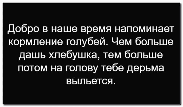 Добро в наше время напоминает кормление голубей. Чем больше дашь хлебушка, тем больше потом на голову тебе дерьма выльется.