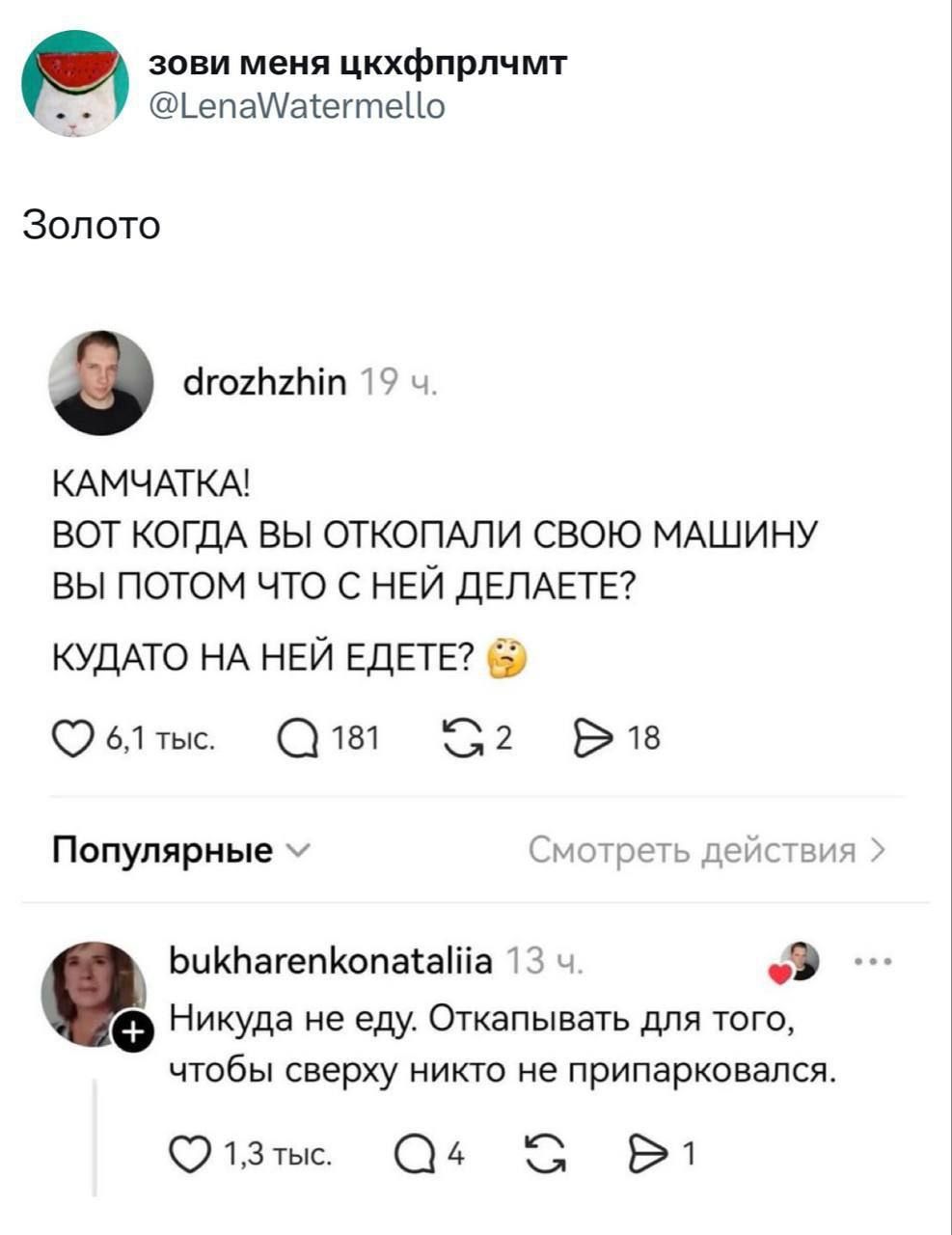 Золото

КАМЧАТКА!
ВОТ КОГДА ВЫ ОТКОЛАЛИ СВОЮ МАШИНУ
ВЫ ПОТОМ ЧТО С НЕЙ ДЕЛАЕТЕ?
КУДАТО НА НЕЙ ЕДЕТЕ?