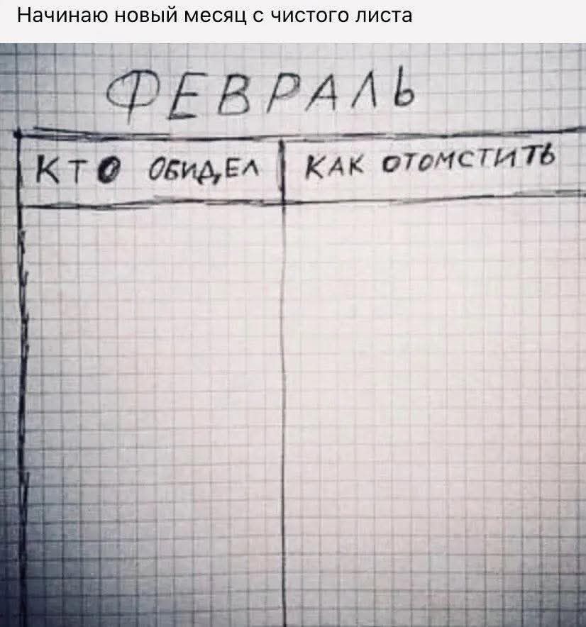 Начинаю новый месяц с чистого листа

ФЕВРАЛЬ

КТО обидел | Как отомстить