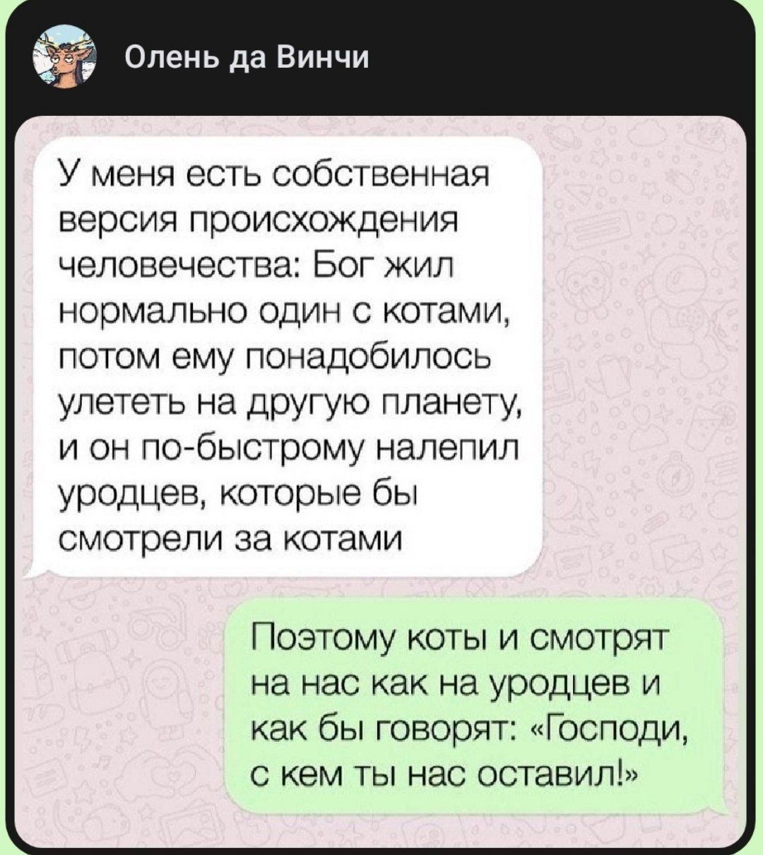У меня есть собственная версия происхождения человечества: Бог жил нормально один с котами, потом ему понадобилось улететь на другую планету, и он по-быстро́му налепил уродцев, которые бы смотрели за котами. Поэтому коты и смотрят на нас как на уродцев и как бы говорят: «Господи, с кем ты нас оставил!»
