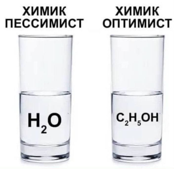 ХИМИК ПЕССИМИСТ
H2O
ХИМИК ОПТИМИСТ
C2H5OH