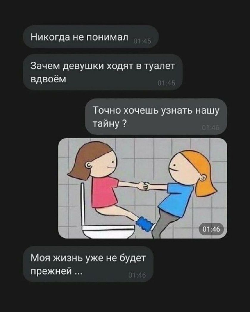 Никогда не понимал
Зачем девушки ходят в туалет вдвоём
Точно хочешь узнать нашу тайну ?
[изображение]
Моя жизнь уже не будет прежней ...