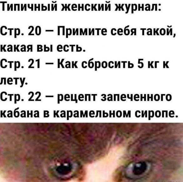 Типичный женский журнал:
Стр. 20 – Примите себя такой, какая вы есть.
Стр. 21 – Как сбросить 5 кг к лету.
Стр. 22 – рецепт запеченного кабана в карамельном сиропе.