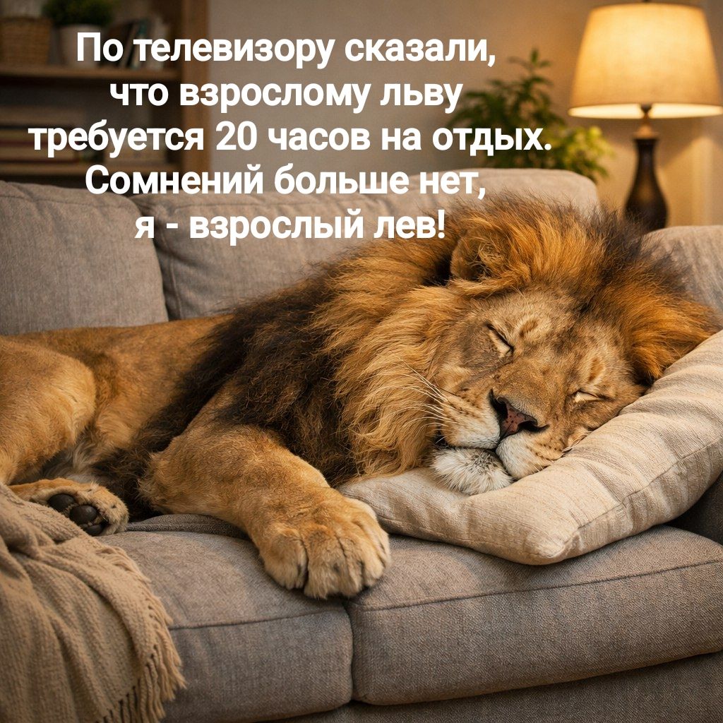 По телевизору сказали, что взрослому льву требуется 20 часов на отдых. Сомнений больше нет, я - взрослый лев!