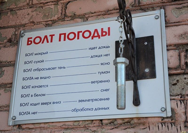 БОЛТ ПОГОДЫ
БОЛТ мокрой ........ идёт дождь
БОЛТ сухой ........ дождя нет
БОЛТ отбрасывает тень ........ ясна
БОЛТ не видно ........ туман
БОЛТ качается ........ ветерно
БОЛТ в белом ........ снег
БОЛТ ходит вверх вниз ........ землетрясение
БОЛТ нет ........ обработка данных