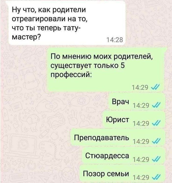 Ну что, как родители отреагировали на то, что ты теперь тату-мастер?

По мнению моих родителей, существует только 5 профессий:

Врач
Юрист
Преподаватель
Стюардесса
Позор семьи