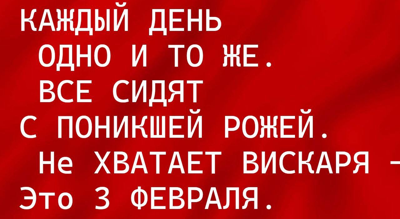 КАЖДЫЙ ДЕНЬ ОДНО И ТО ЖЕ. ВСЕ СИДЯТ С ПОНИКШЕЙ РОЖЕЙ. Не ХВАТАЕТ ВИСКАРЯ - Это 3 ФЕВРАЛЯ.