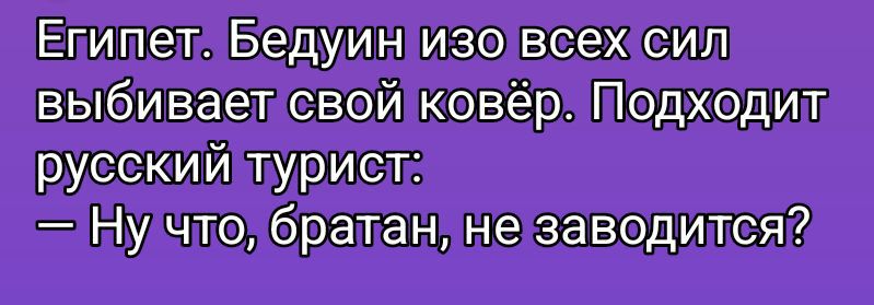 Египет. Бедуин изо всех сил выбивает свой ковёр. Подходит русский турист:
— Ну что, братан, не заводится?
