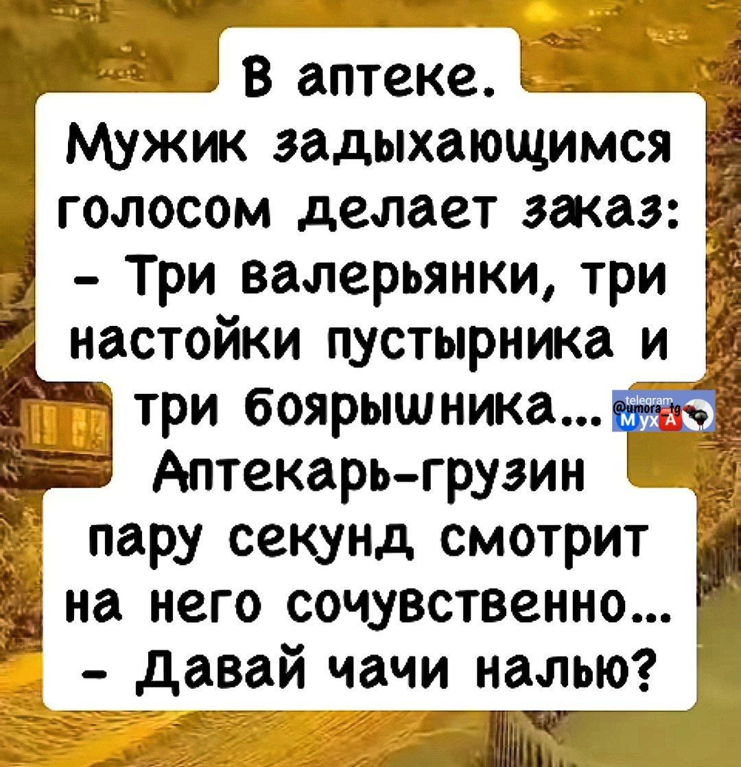 В аптеке. Мужик задыхающимся голосом делает заказ: - Три валерьянки, три настойки пустырника и три боярышника... Аптекарь-грузин пару секунд смотрит на него сочувственно... - Давай чачи налью?