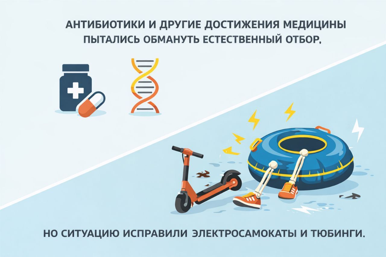 АНТИБИОТИКИ И ДРУГИЕ ДОСТИЖЕНИЯ МЕДИЦИНЫ пытались обмануть естественный отбор, НО СИТУАЦИЮ ИСПРАВИЛИ ЭЛЕКТРОСАМОКАТЫ И ТЮБИНГИ.